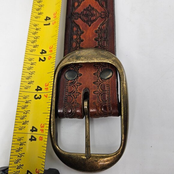 Brown Embossed Western Leather Belt Brass Buckle Size 40 Large 1.50" W USA - Picture 10 of 11